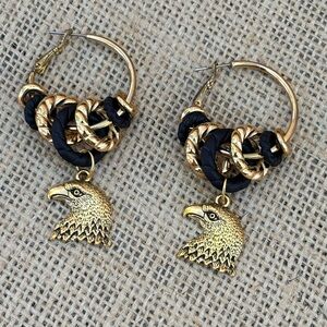Golden Eagle Charm Hoop Earrings Gold Tone Statement Artisan 90’s BOHO Jewelry